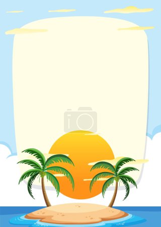 Illustration for Vector graphic of a sunset behind palm trees on an island. - Royalty Free Image