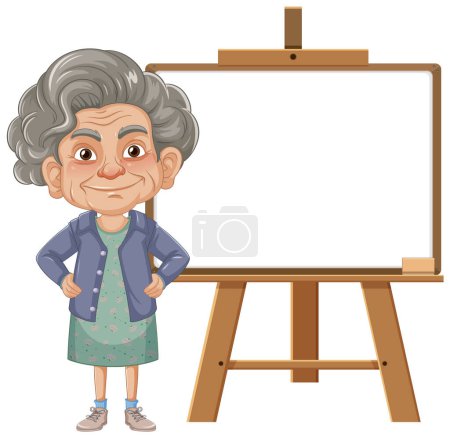Ilustración de Mujer anciana sonriente parada junto a un caballete vacío - Imagen libre de derechos