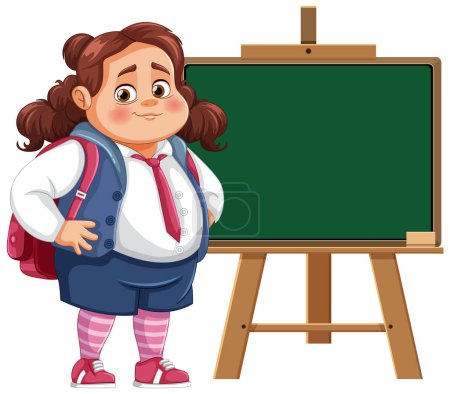 Illustration for Cheerful young girl standing by a chalkboard - Royalty Free Image