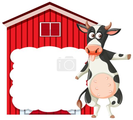 Téléchargez les illustrations : Cartoon vache debout à côté d'une grange rouge - en licence libre de droit