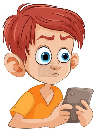 Téléchargez les illustrations : Caricature d'un jeune garçon regardant le téléphone anxieusement - en licence libre de droit