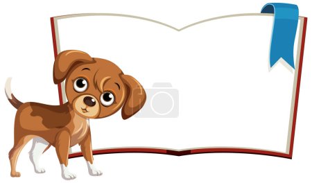 Cute brown puppy standing beside an open book