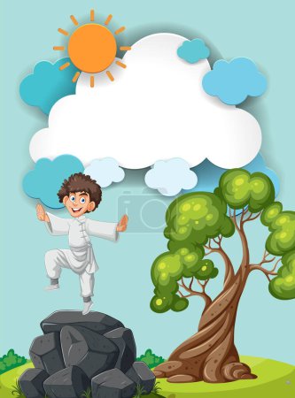 Illustration for Happy kid in karate attire training in nature - Royalty Free Image