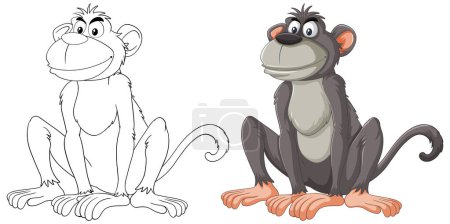 Illustration for Two monkeys depicted from black and white to color - Royalty Free Image