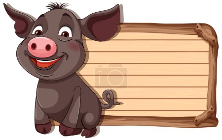 Téléchargez les illustrations : Joyeux cochon de dessin animé debout à côté d'une enseigne - en licence libre de droit