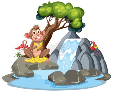 Téléchargez les illustrations : Singe joyeux avec des bananes près d'une cascade - en licence libre de droit