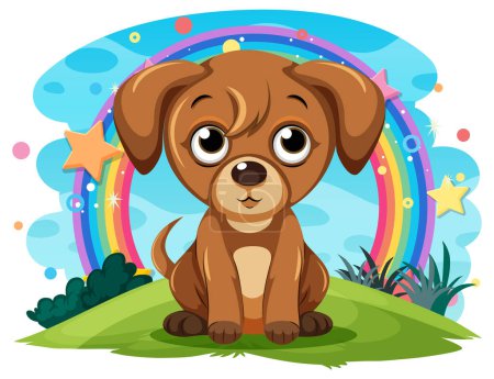 Ilustración de Adorable cachorro marrón sentado bajo un colorido arco iris - Imagen libre de derechos