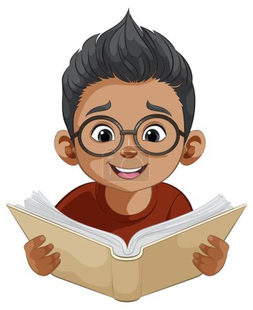 Cartoon of a happy child reading an open book