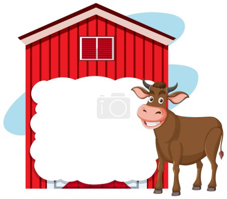 Cartoon cow standing next to a red barn