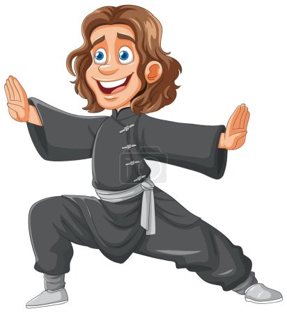 Illustration for Cheerful character practicing martial arts stance - Royalty Free Image