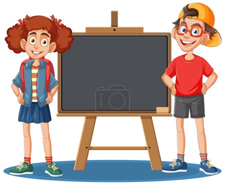 Téléchargez les illustrations : Deux enfants de dessin animé debout à côté d'un tableau vide - en licence libre de droit