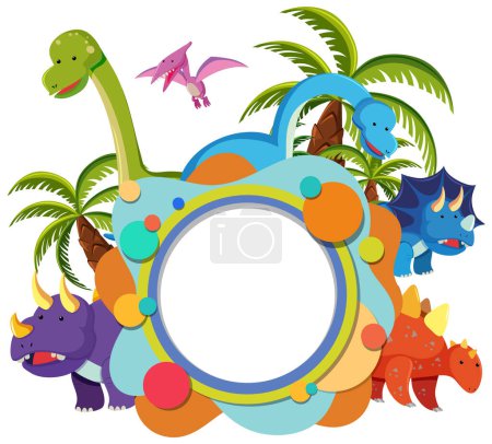 Illustration for Cartoon dinosaurs around a circular frame with palms. - Royalty Free Image