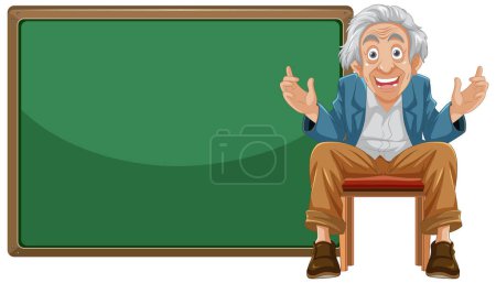Happy elderly teacher gesturing in front of chalkboard