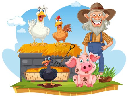 Cartoon farmer with animals on a sunny day