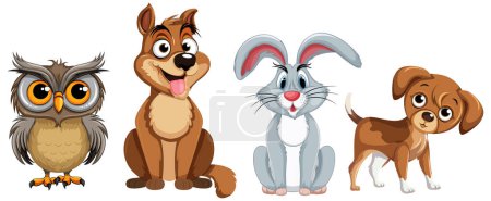 Téléchargez les illustrations : Caricature hibou, kangourou, lapin et illustration de chiot. - en licence libre de droit