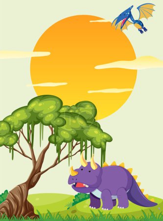 Dinosaurios coloridos bajo un gran sol poniente