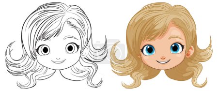Illustration for Black and white and colored cartoon girl faces - Royalty Free Image