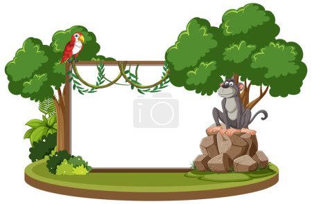Illustration for Colorful parrot and grey wolf in a forest scene - Royalty Free Image