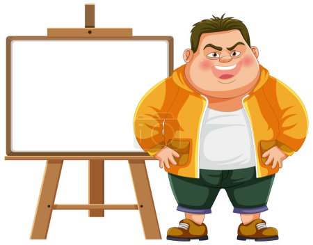 Illustration for Cartoon of a happy artist beside an empty easel - Royalty Free Image