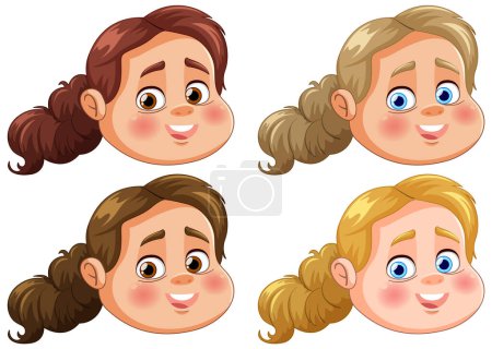Vier lächelnde Cartoon-Gesichter verschiedener Mädchen.