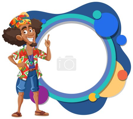 Ilustración de Hombre alegre haciendo gestos de paz al lado de marco colorido - Imagen libre de derechos