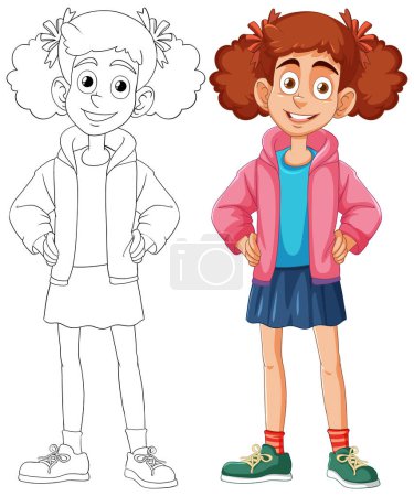 Vector illustration of a girl in two stages of coloring