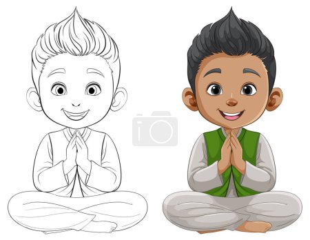 Colorful and outlined illustrations of a meditating child