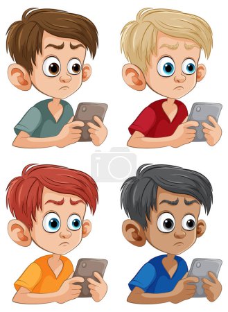 Téléchargez les illustrations : Quatre enfants de bande dessinée concentrés sur leurs smartphones - en licence libre de droit