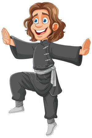 Animated character practicing martial arts happily.