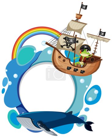 Ilustración de Barco pirata de dibujos animados navegando sobre una ballena juguetona - Imagen libre de derechos