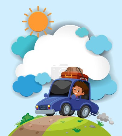 Téléchargez les illustrations : Enfant heureux conduisant une voiture par une journée ensoleillée - en licence libre de droit