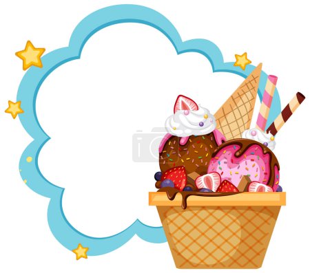 Illustration for Colorful ice cream cone with a whimsical cloud frame - Royalty Free Image