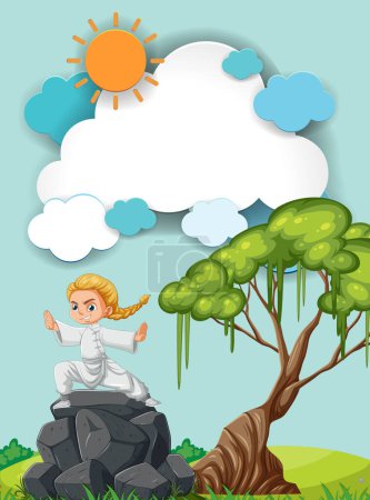 Illustration for Young girl in martial arts pose on rocks - Royalty Free Image