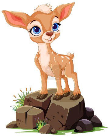 Illustration for Cute cartoon fawn standing atop a rocky outcrop. - Royalty Free Image