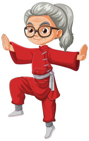 Caricature d'une femme âgée dans une pose de tai chi