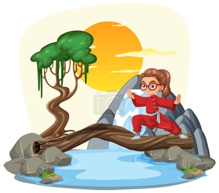 Illustration for Cartoon kid crossing a river on a log bridge - Royalty Free Image