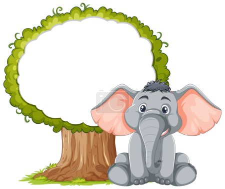 Ilustración de Adorable elefante de dibujos animados sentado bajo un árbol exuberante - Imagen libre de derechos