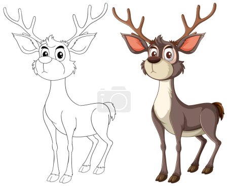 Illustration for Two reindeer illustrated in color and outline. - Royalty Free Image
