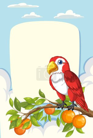 Illustration for Vibrant parrot perched on branch with oranges. - Royalty Free Image