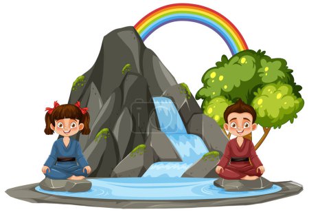 Téléchargez les illustrations : Deux enfants méditant près d'une cascade avec un arc-en-ciel - en licence libre de droit