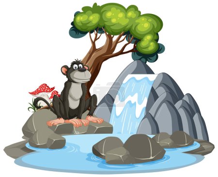 Illustration for Vector illustration of a monkey near a waterfall - Royalty Free Image