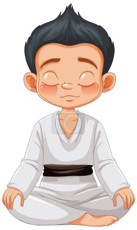 Muchacho de dibujos animados meditando en traje de karate tradicional.