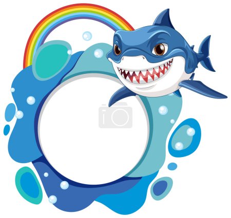 Téléchargez les illustrations : Requin dessin animé avec un arc-en-ciel coloré et des bulles - en licence libre de droit