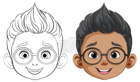 Illustration for Black and white and colored cartoon boy faces - Royalty Free Image