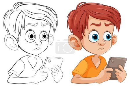 Illustration for Two cartoon boys looking worried while holding tablets - Royalty Free Image