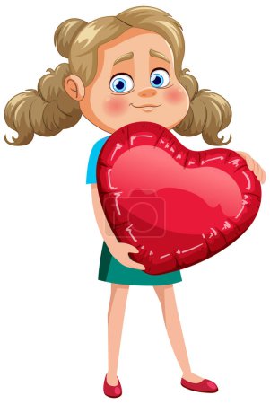Téléchargez les illustrations : Dessin animé fille avec un grand ballon coeur rouge - en licence libre de droit