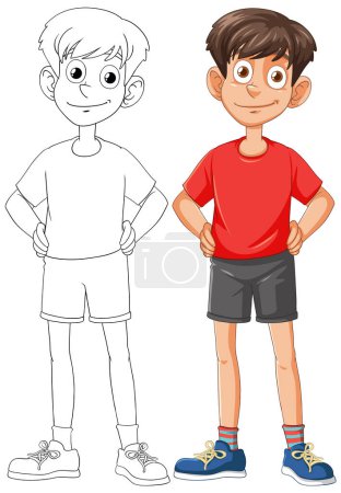 Illustration for Illustration of a boy, colored and line art versions. - Royalty Free Image