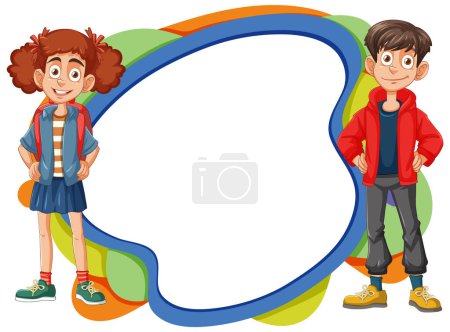Illustration for Two cartoon children standing beside an empty frame - Royalty Free Image