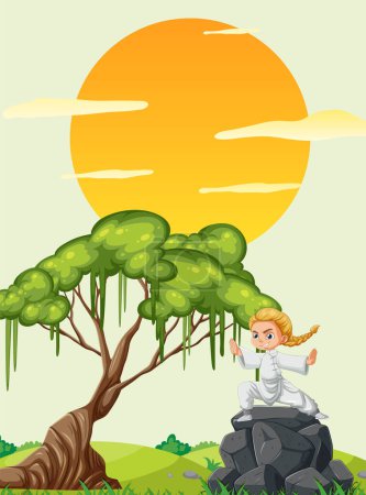 Illustration eines Mädchens, das bei Sonnenuntergang unter einem Baum sitzt