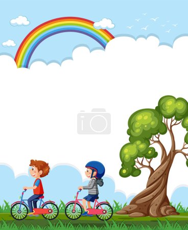 Illustration for Two kids riding bicycles under a colorful rainbow. - Royalty Free Image